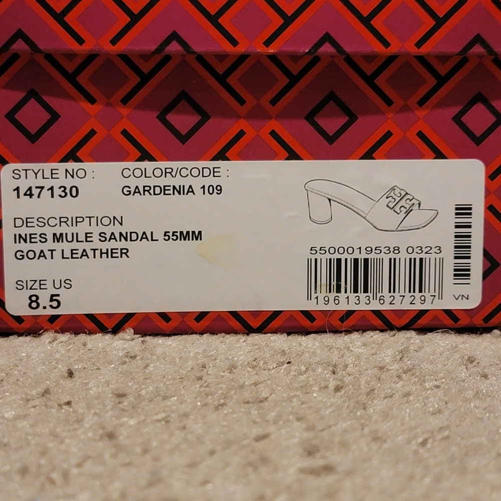 Tory Burch Ines Goat Leather Mule Heeled Sandal Gardenia/White Size 8.5 - Picture 12 of 12